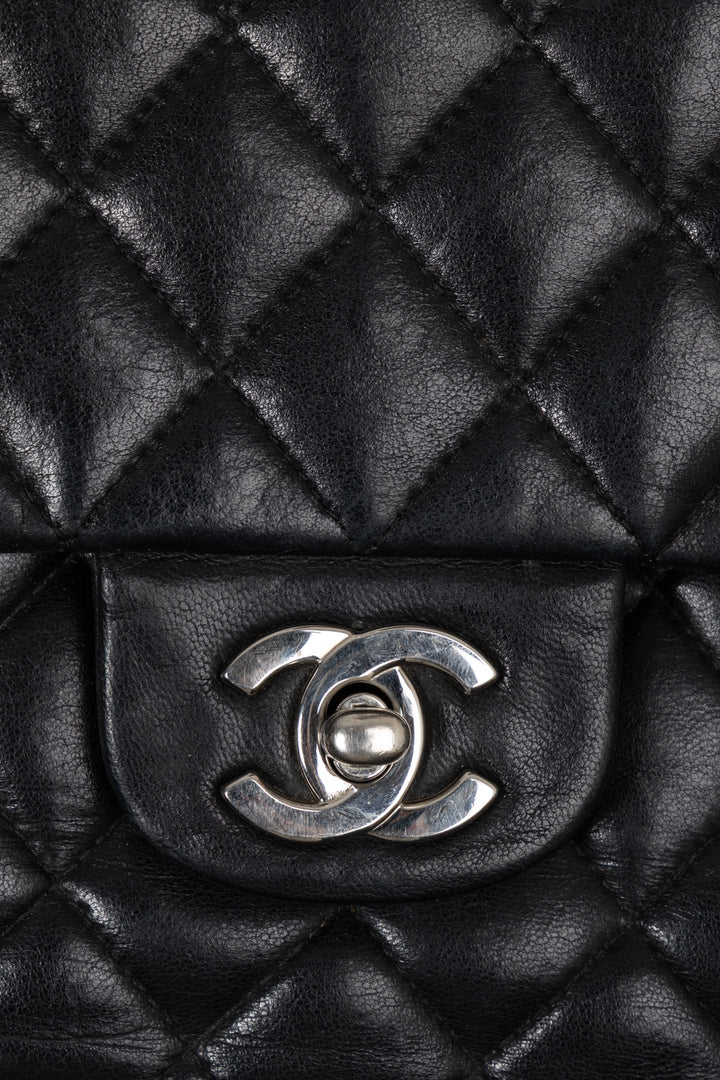 CHANEL Vintage Medium Double Flap Bag Black Silver