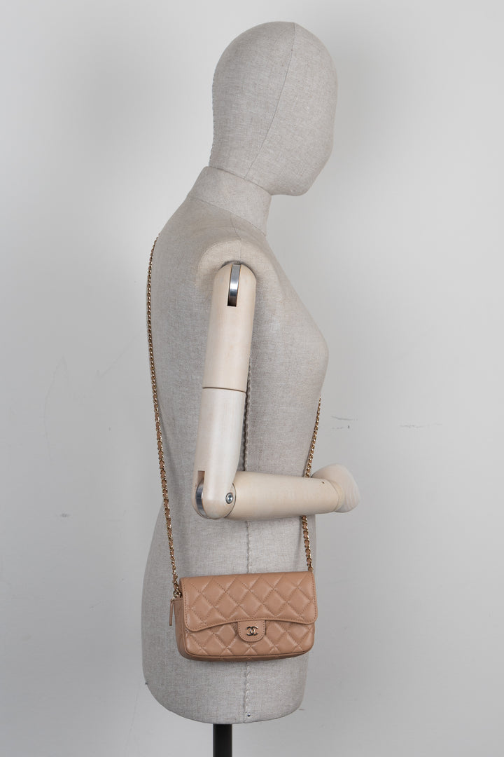 CHANEL Crossbody Bag Leather Beige