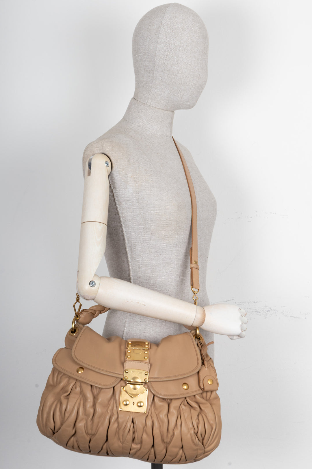 MIUMIU Matelassé Coffer Hobo Bag Leather Beige