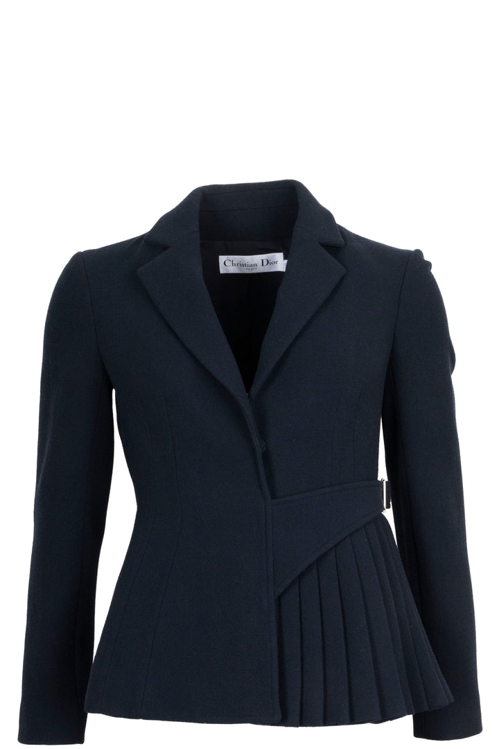 CHRISTIAN DIOR Veste asymétrique plissée ceinturée en laine marine