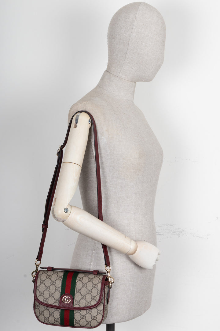 GUCCI Ophidia Top Handle Bag Small Supreme Canvas Leather Bordeaux