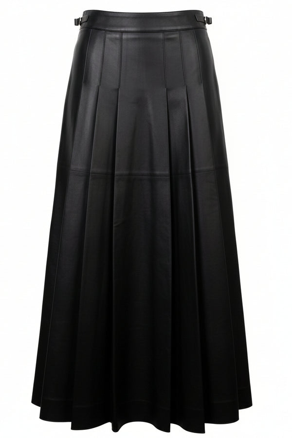 GABRIELA HEARST Wesley Pleated Buckle Midi Skirt Leather Black