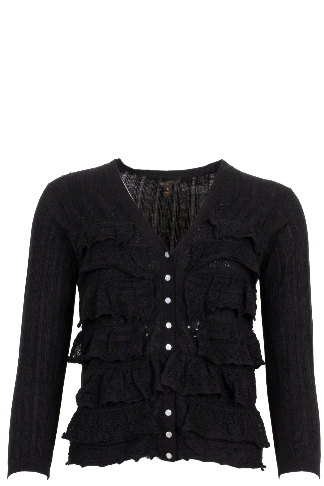 LOUIS VUITTON Ruffled Front Cardigan Lace Cashmere Black