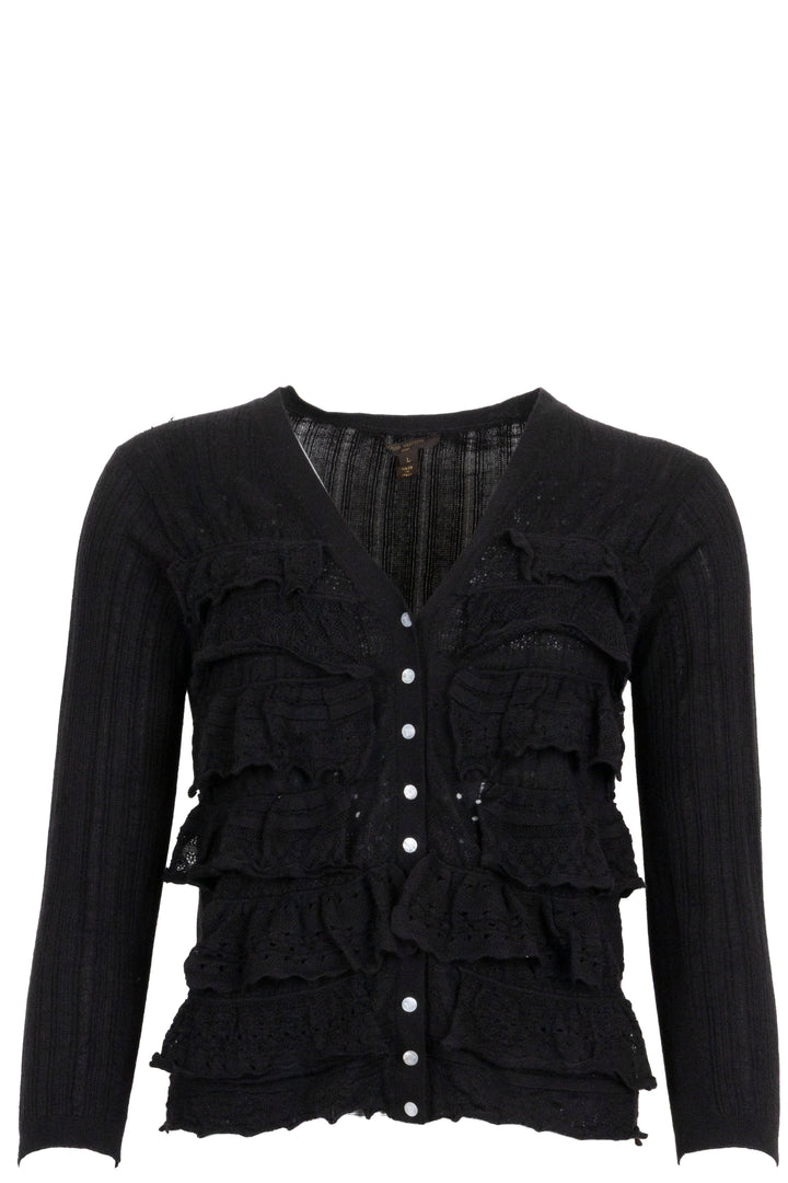 LOUIS VUITTON Ruffled Front Cardigan Lace Cashmere Black