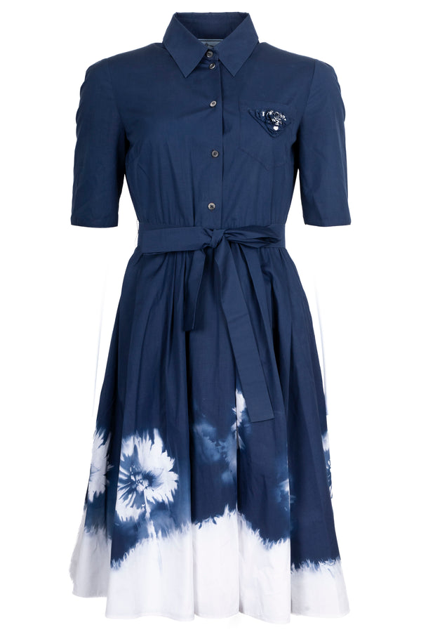 Robe midi Prada en popeline tie-dye avec ceinture en coton marine