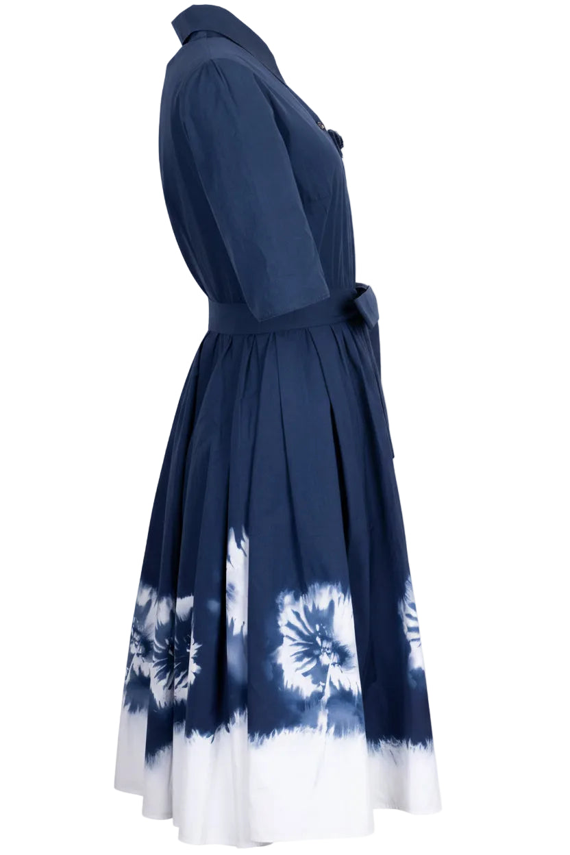 PRADA Belted Poplin Tie-Dye Midi Dress Cotton Navy