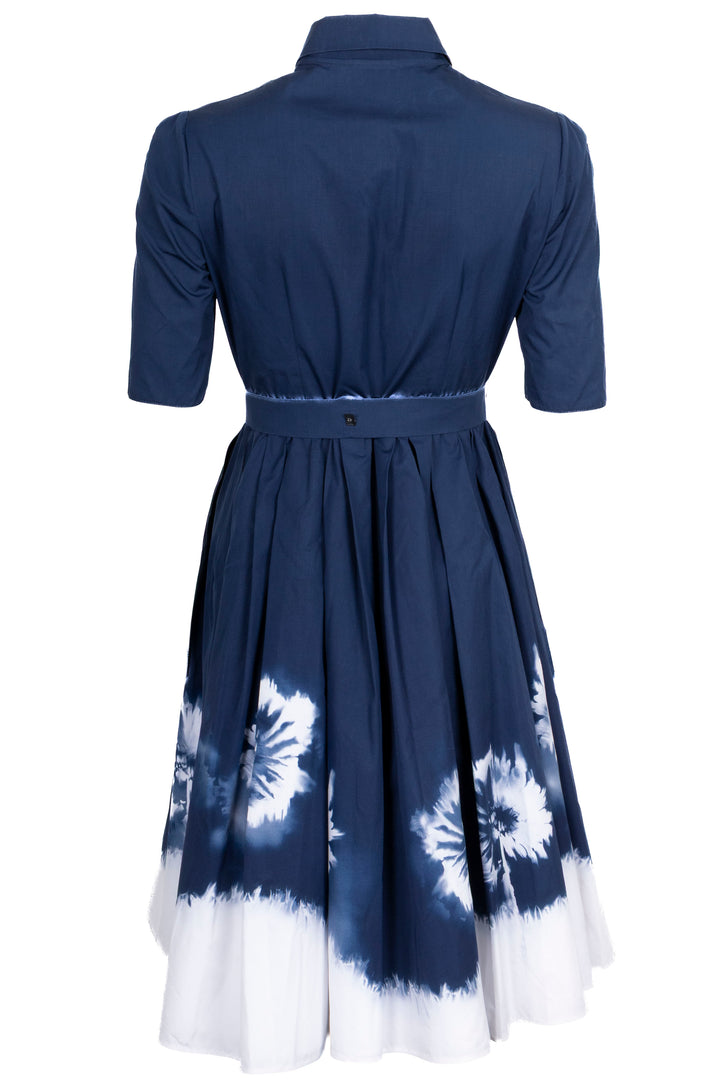 PRADA Belted Poplin Tie-Dye Midi Dress Cotton Navy