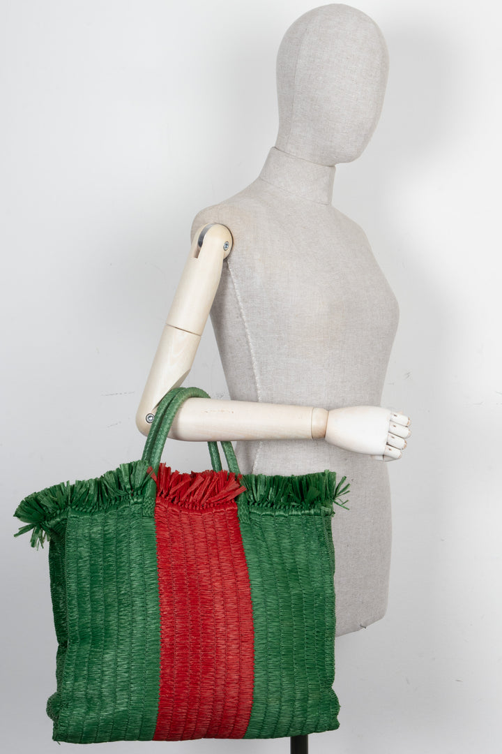 GUCCI Web Raffia Tote Bag Green Red