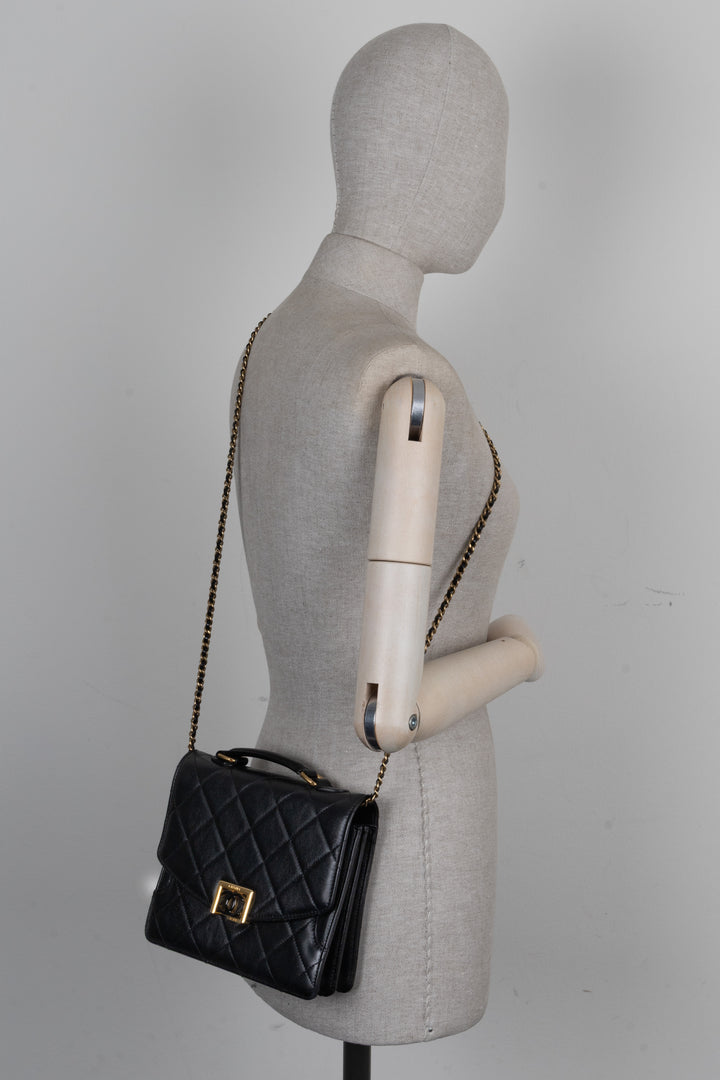 CHANEL Top Handle Bag Leather Black