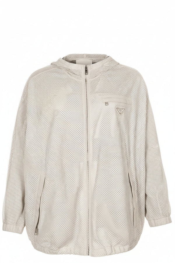 PRADA 2020 Laser Cut Hooded Leather Jacket White