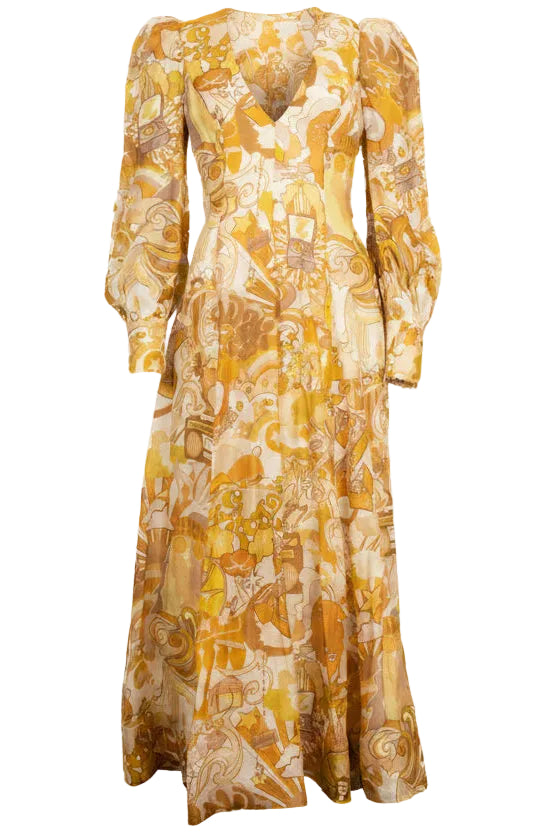 ZIMMERMANN Floral Print Organza Dress Silk Linen Mustard