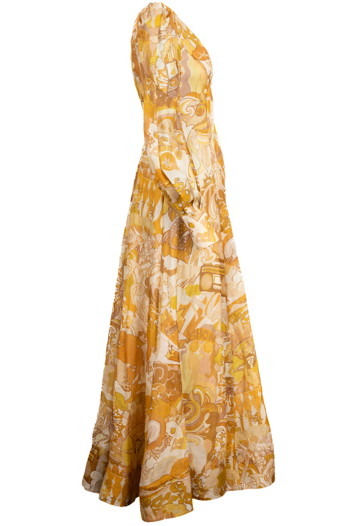 ZIMMERMANN Floral Print Organza Dress Silk Linen Mustard