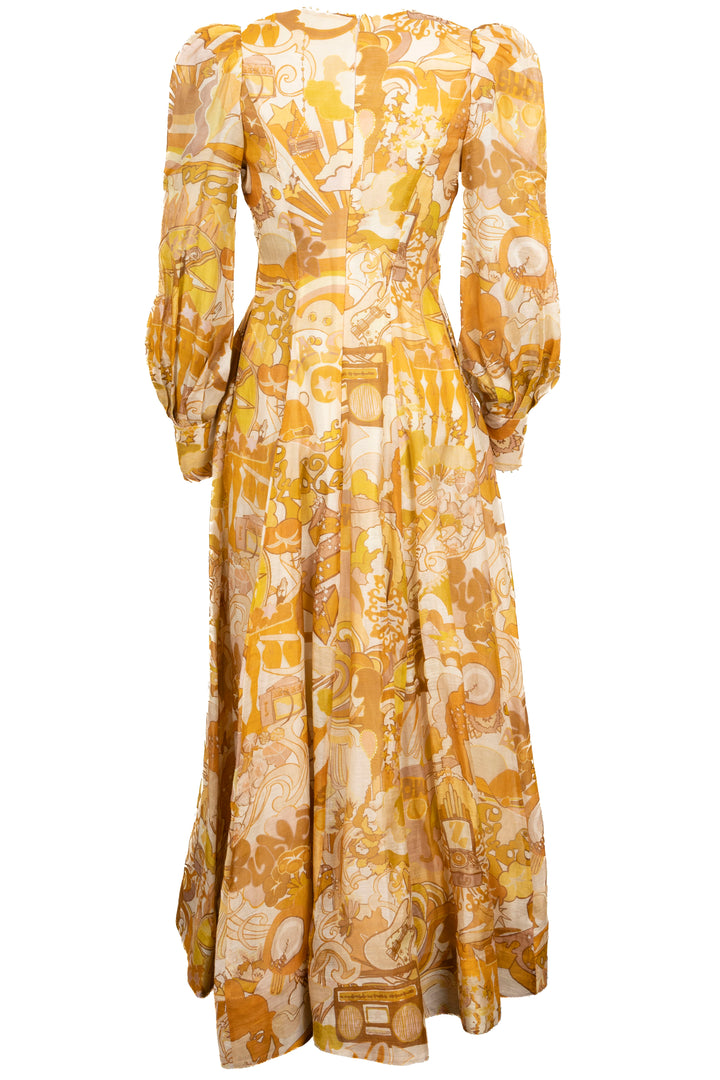 ZIMMERMANN Floral Print Organza Dress Silk Linen Mustard