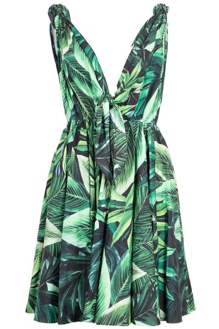 DOLCE & GABBANA Leaf Print Mini Dress Cotton Green