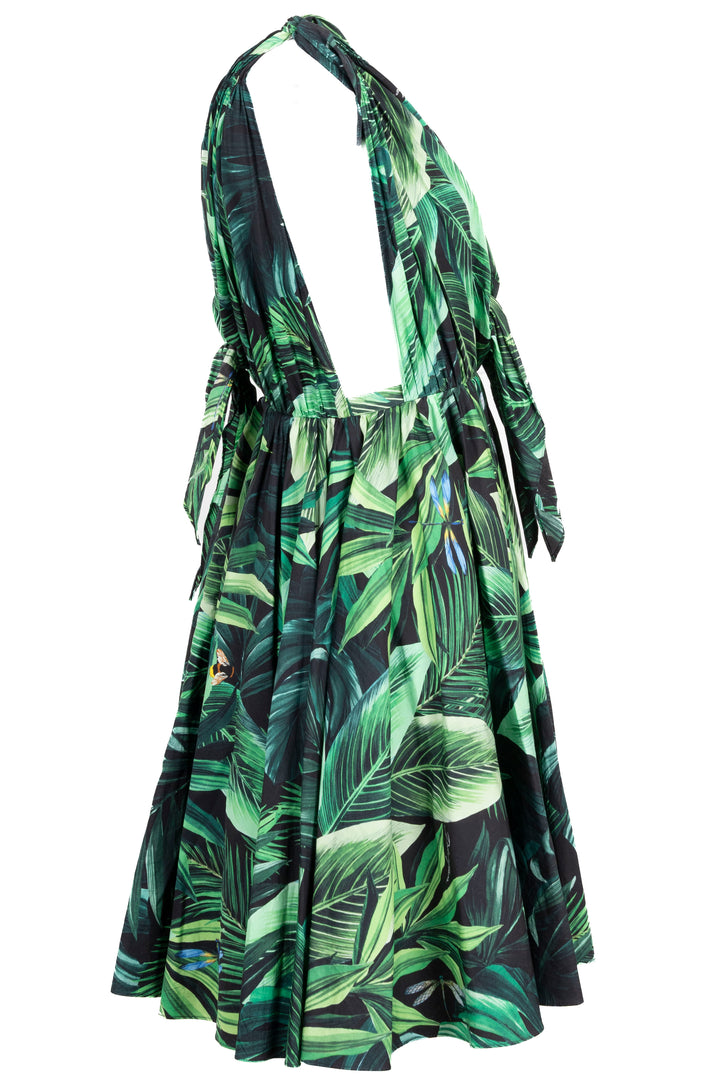 DOLCE & GABBANA Leaf Print Mini Dress Cotton Green