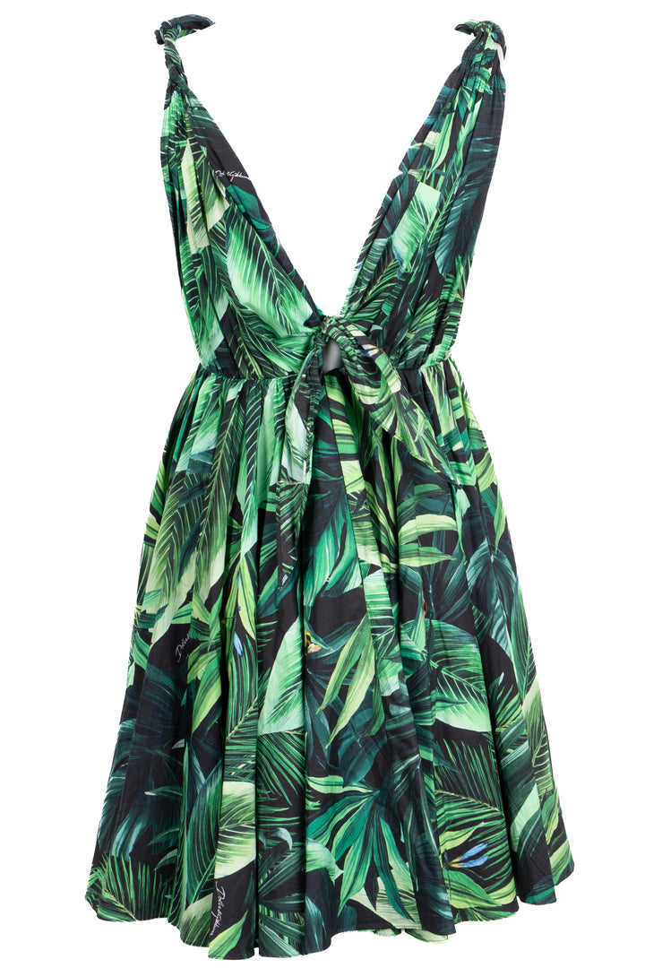 DOLCE & GABBANA Leaf Print Mini Dress Cotton Green