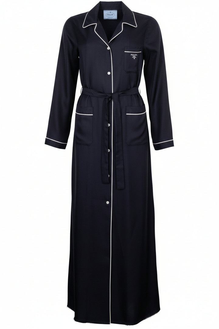 PRADA 2022 Belted Contrast Seam Dress Silk Navy