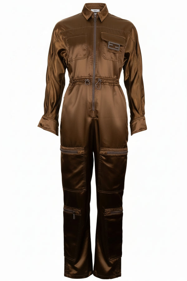 FENDI Patch Pocket Jumpsuit Satin Bronze