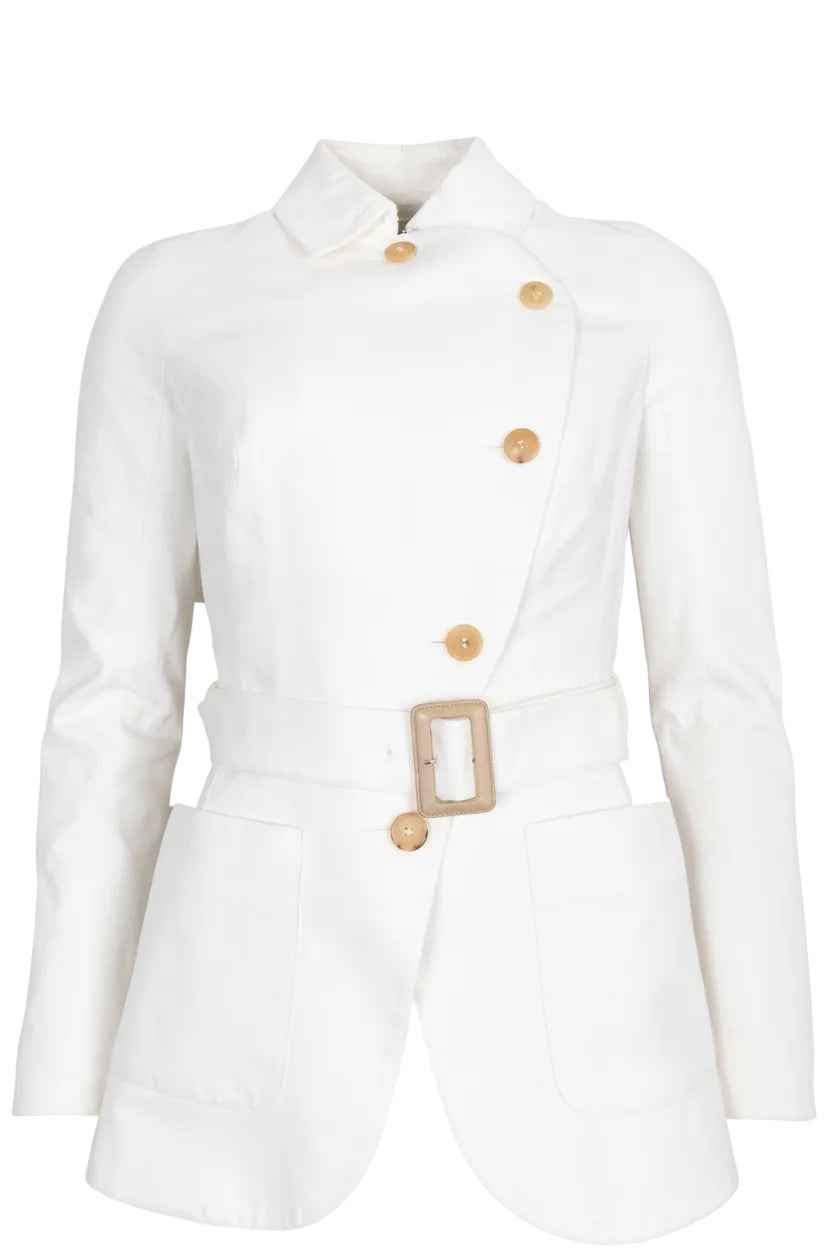 CHRISTIAN DIOR Veste asymétrique croisée à ceinture en coton blanc
