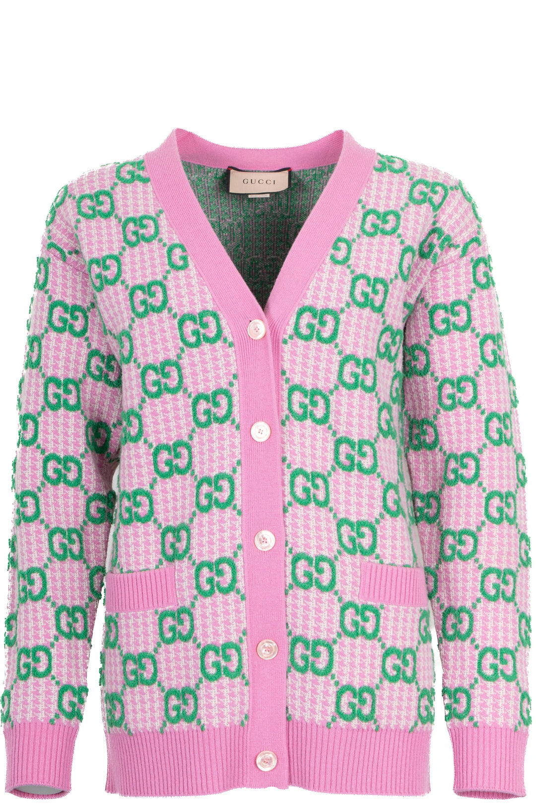 GUCCI GG Intarsia Cardigan Wool Pink Green