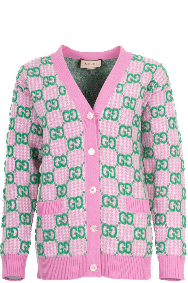 GUCCI GG Intarsia Cardigan Wool Pink Green