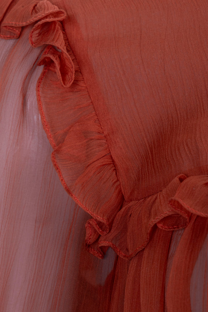 GUCCI Peter Pan Collar Rushed Chiffon Silk Midi Dress Orange