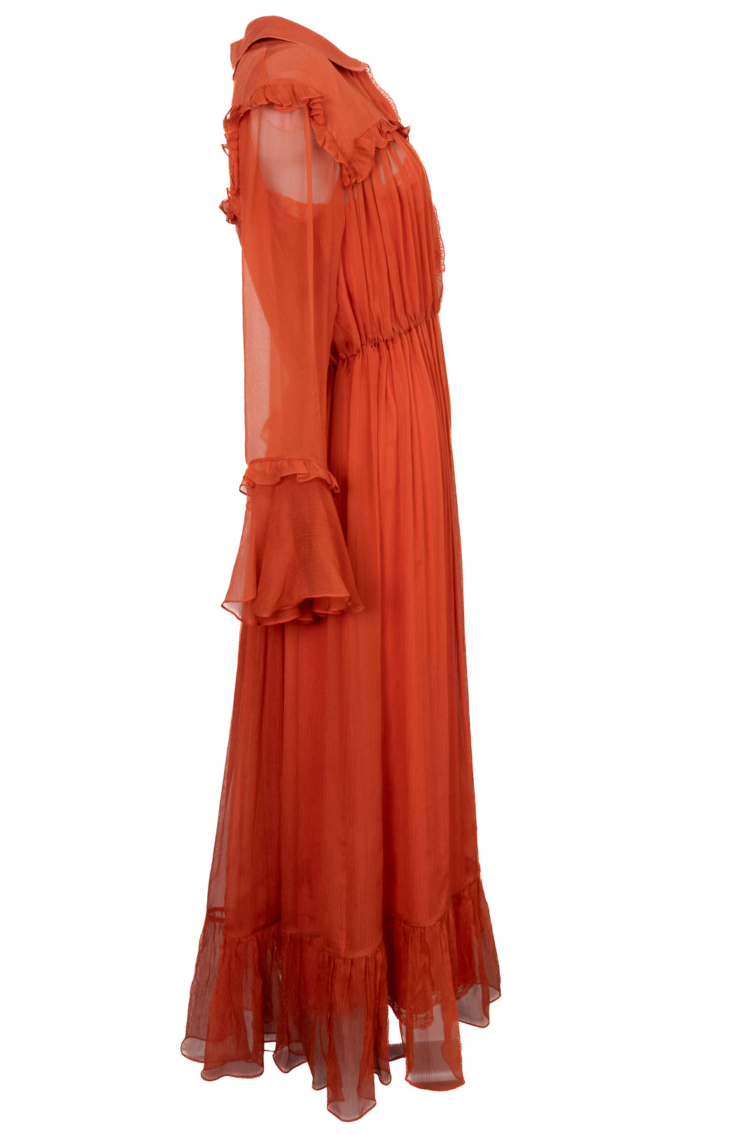 GUCCI Peter Pan Collar Rushed Chiffon Silk Midi Dress Orange