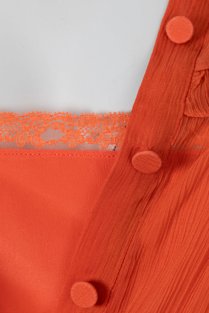 GUCCI Peter Pan Collar Rushed Chiffon Silk Midi Dress Orange