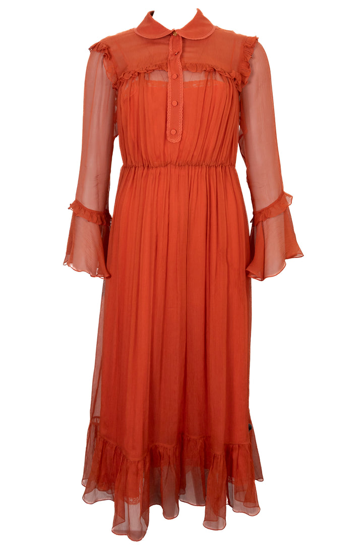GUCCI Peter Pan Collar Rushed Chiffon Silk Midi Dress Orange