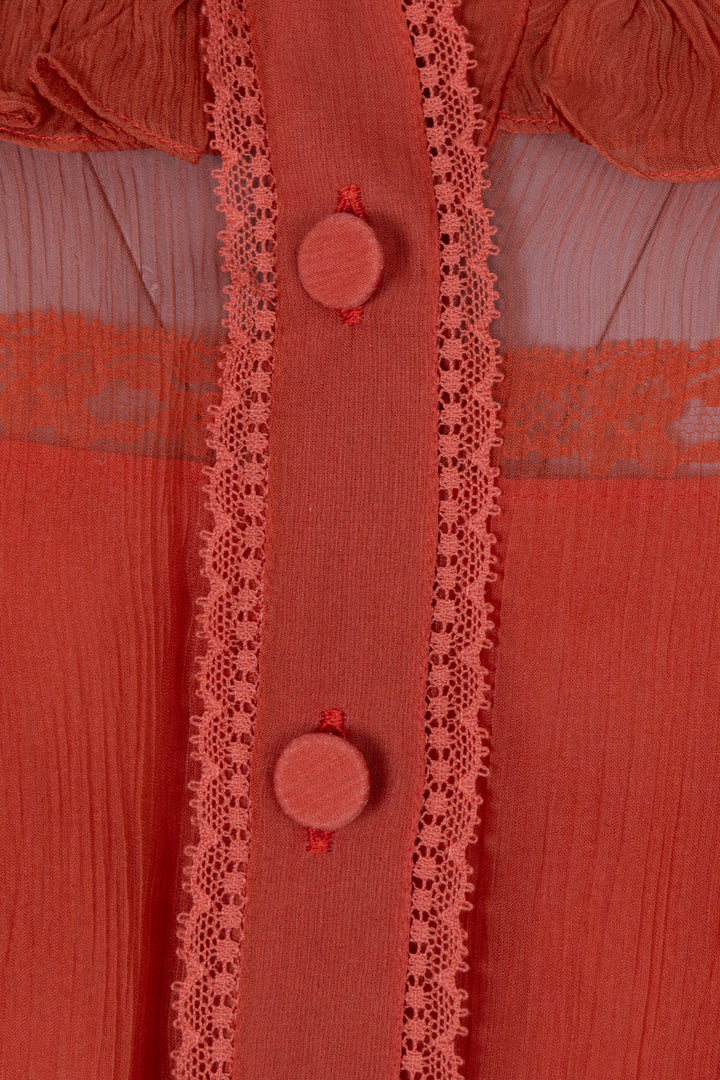 GUCCI Peter Pan Collar Rushed Chiffon Silk Midi Dress Orange