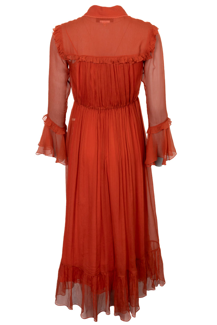 GUCCI Peter Pan Collar Rushed Chiffon Silk Midi Dress Orange