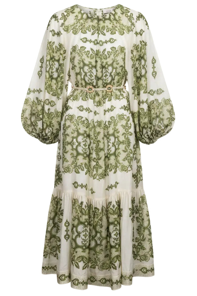 ZIMMERMANN Robe Ceinturée Soie Vert Blanc