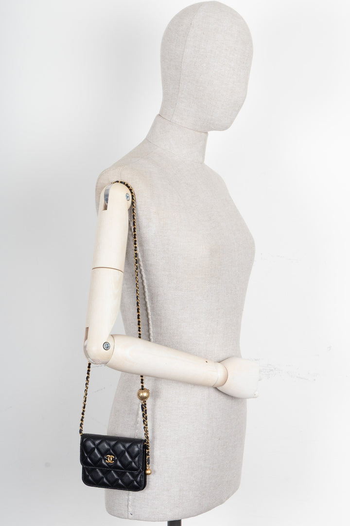 CHANEL Pearl Crush Flap Clutch Mini Leather Black