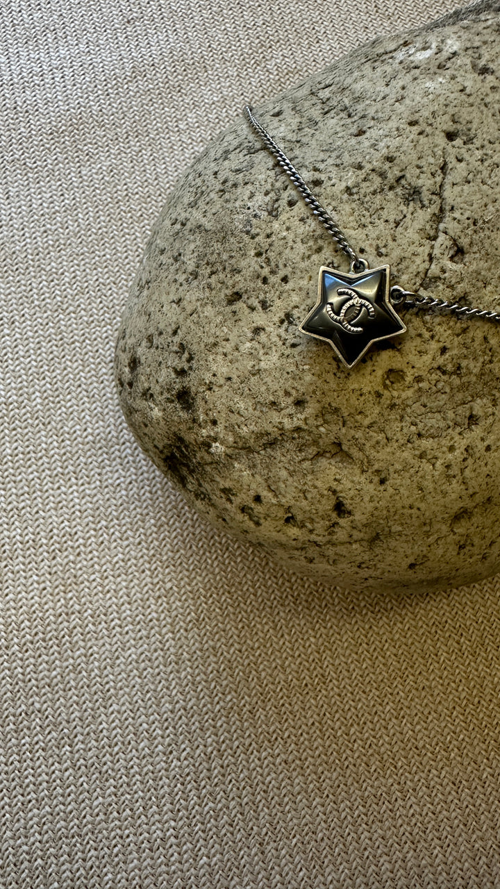 CHANEL CC Star Necklace Black Silver