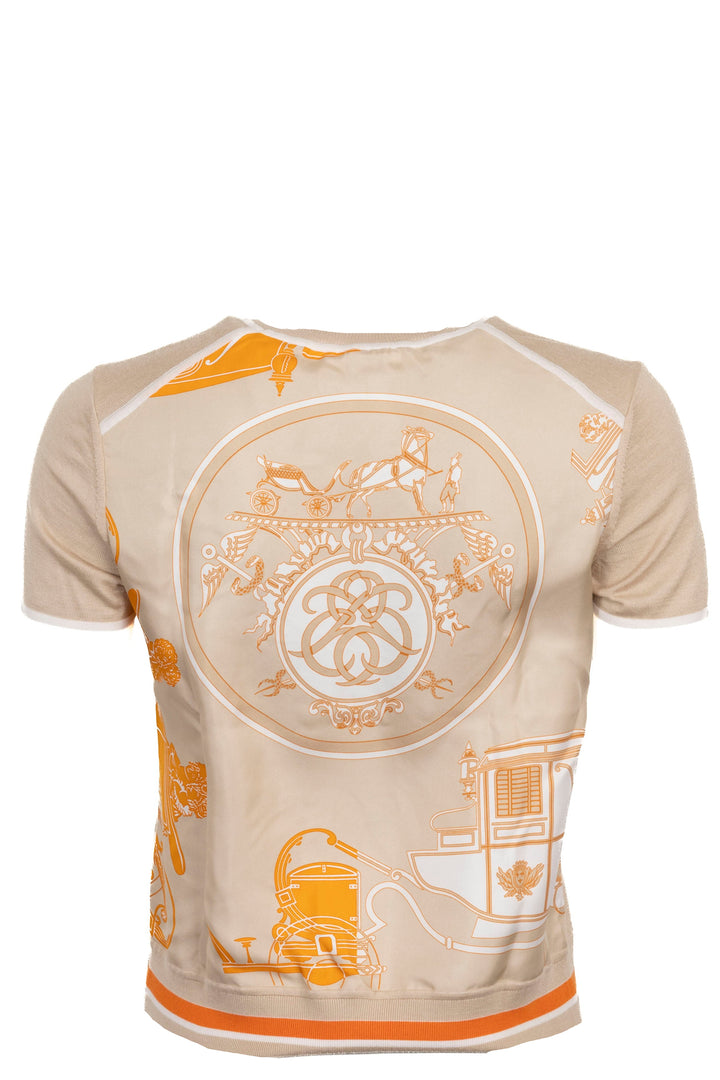 HERMÈS Twillaine à manches courtes imprimé Ex-Libris Orange Beige