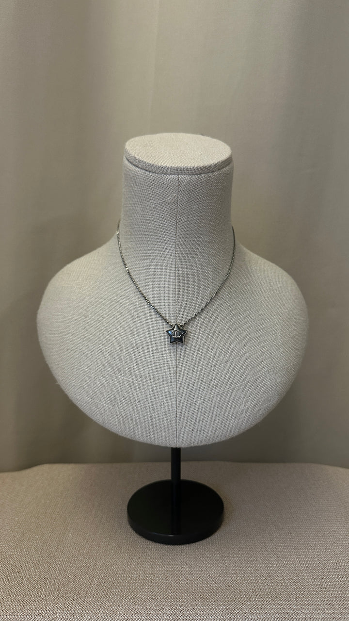 CHANEL CC Star Necklace Black Silver