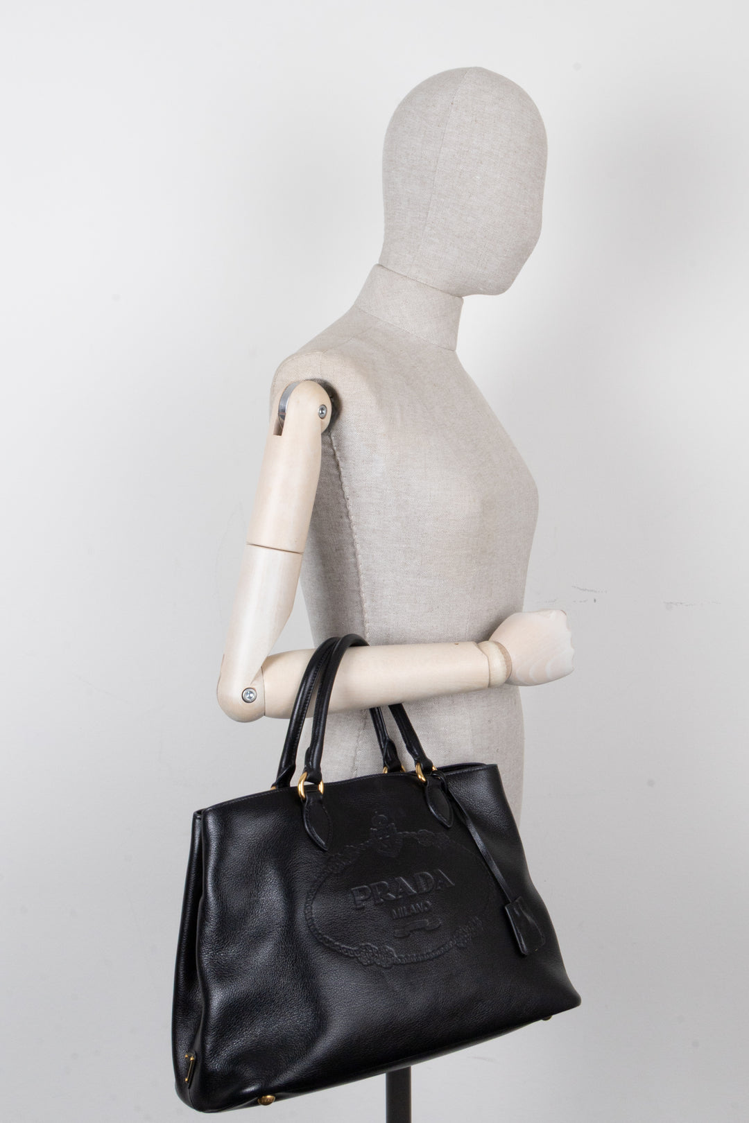 PRADA Logo Tote Bag Leather Black