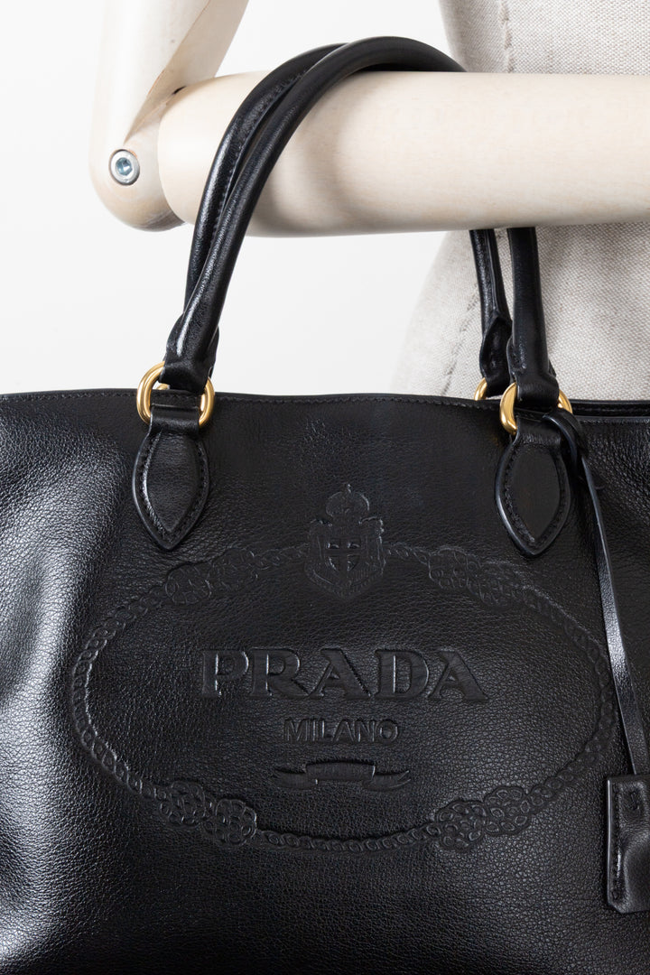 PRADA Logo Tote Bag Leather Black