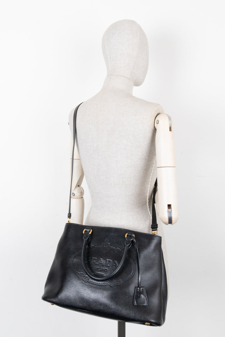 PRADA Logo Tote Bag Leather Black