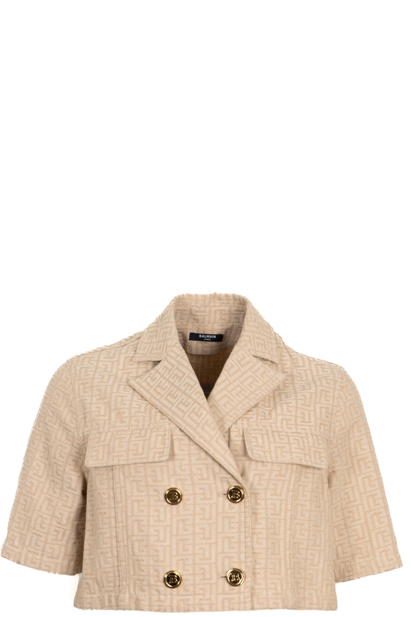 BALMAIN Double Breasted Cropped Jacket Cotton Beige