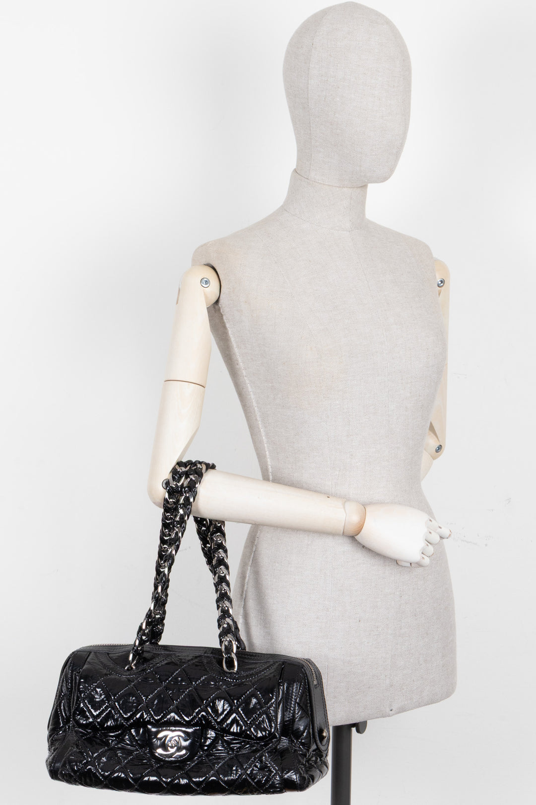 CHANEL Quilted Day Glo Flap Shoulder Bag Patent Black