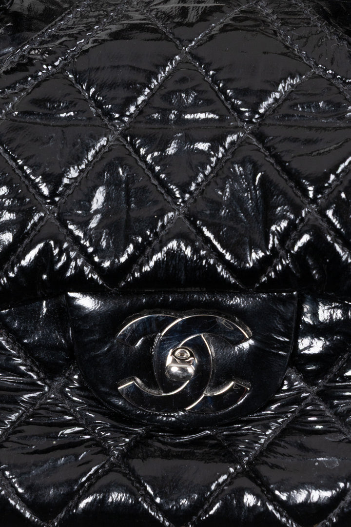 CHANEL Quilted Day Glo Flap Shoulder Bag Patent Black