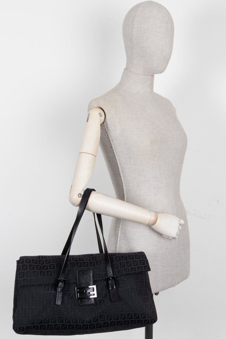 FENDI Mamma Baguette Zucchino FF Shoulder Bag Black
