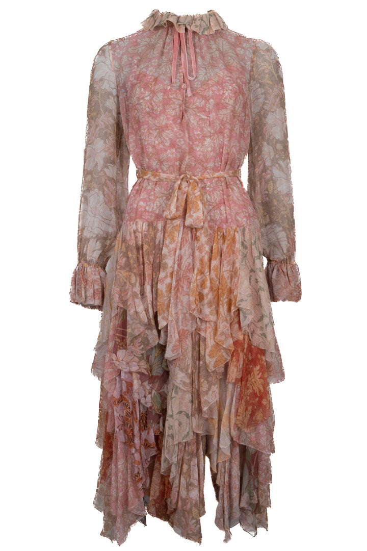 ZIMMERMANN Belted Floral Print Dress Silk Pink