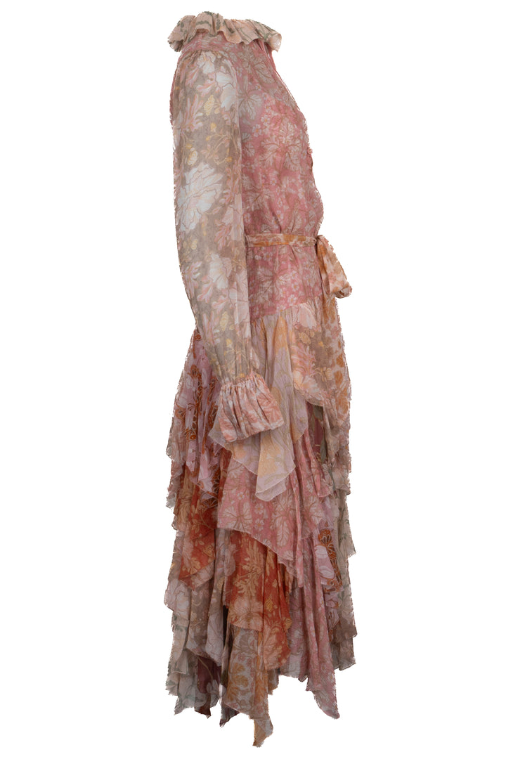 ZIMMERMANN Belted Floral Print Dress Silk Pink