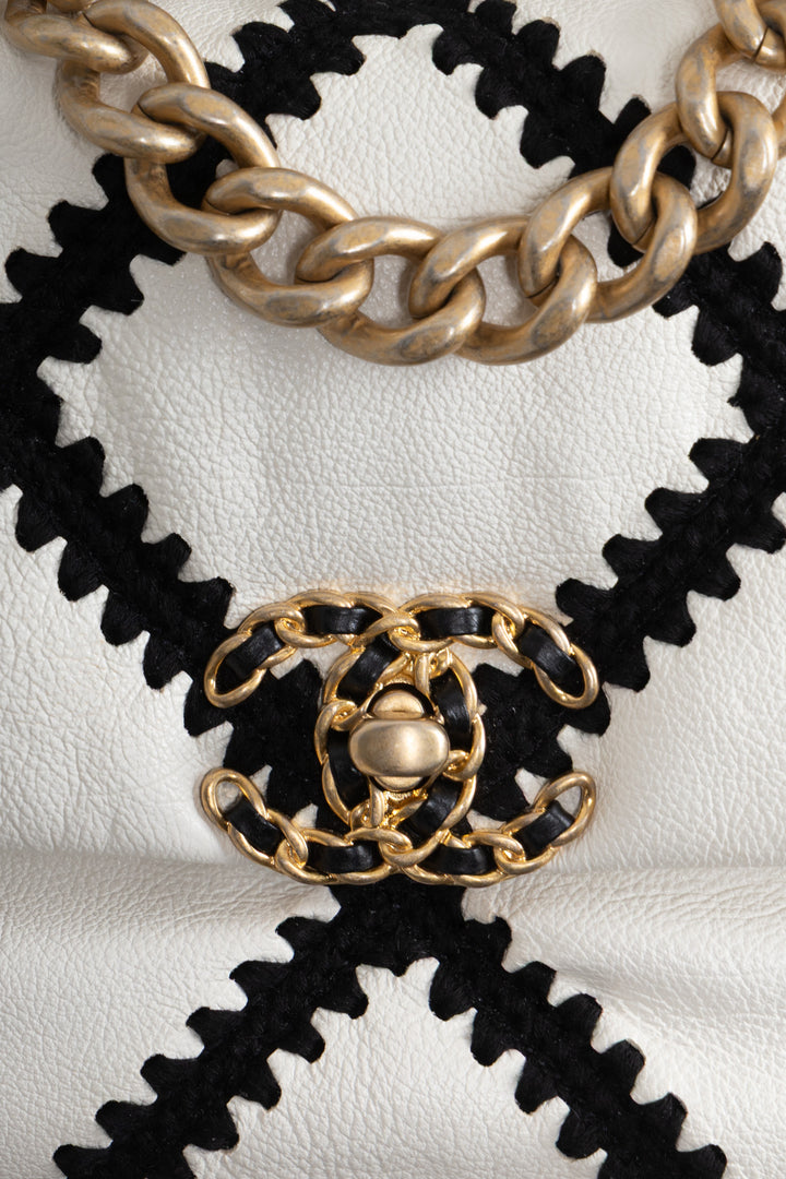 CHANEL Black Crochet Stitch 19 Bag Leather Black White
