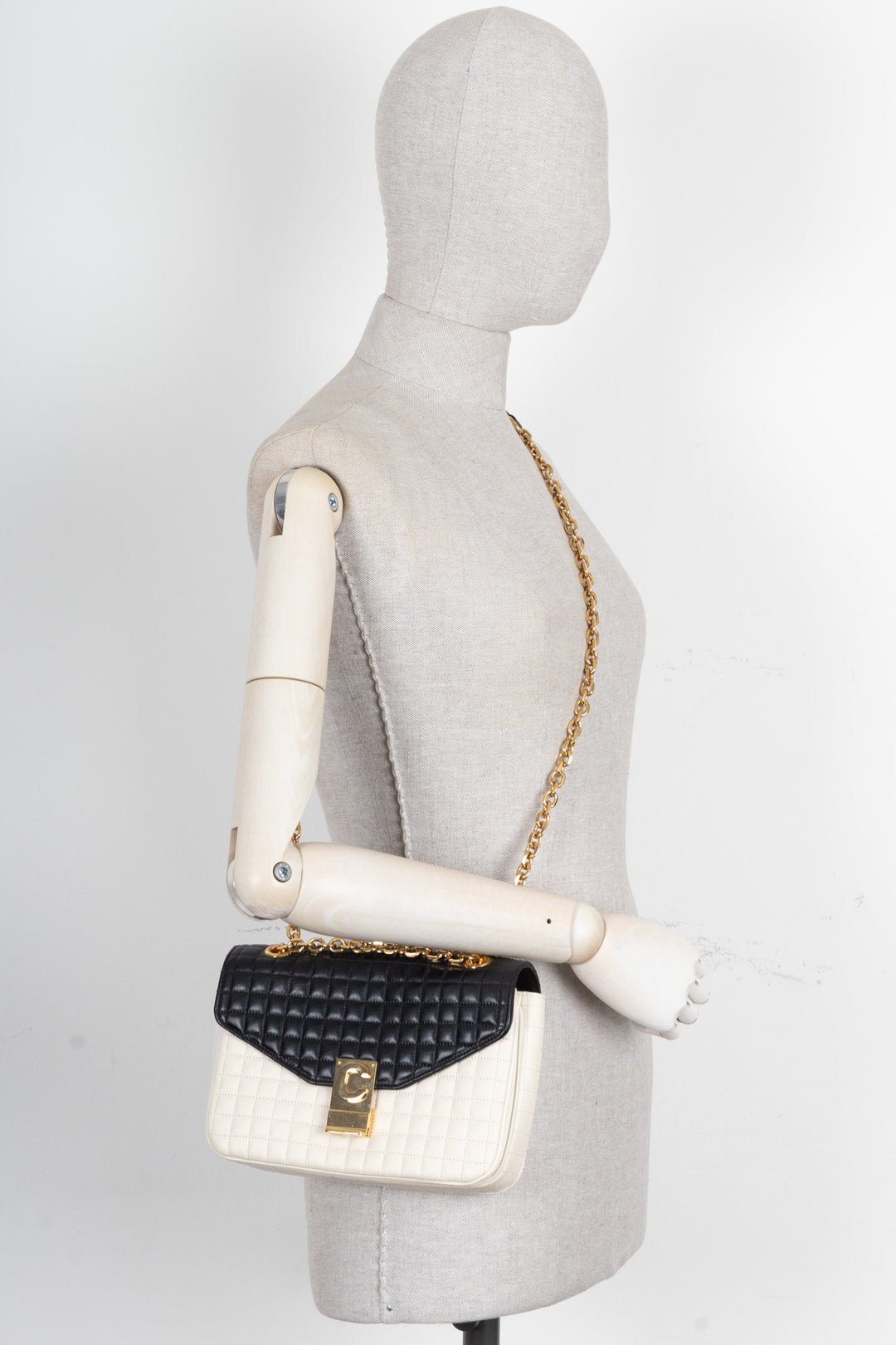 CELINE Quilted C Flap Bag Medium Leather Black White