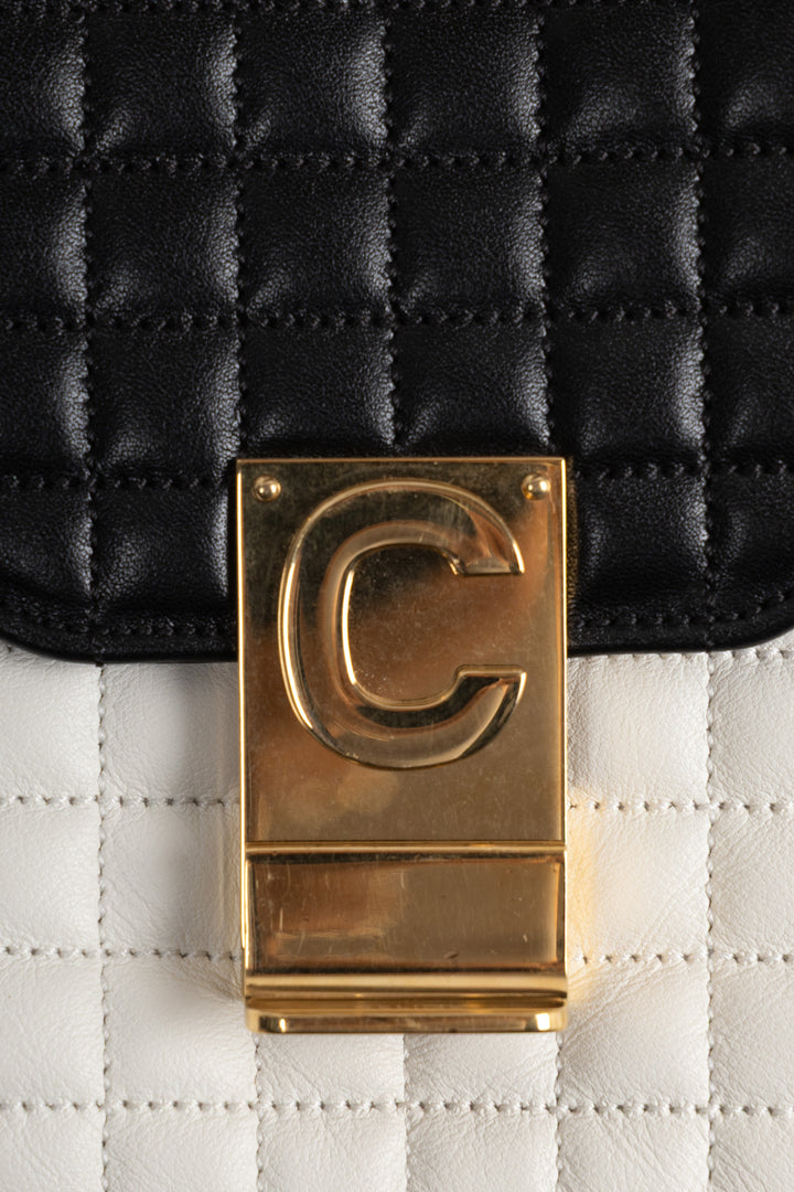 CELINE Quilted C Flap Bag Medium Leather Black White