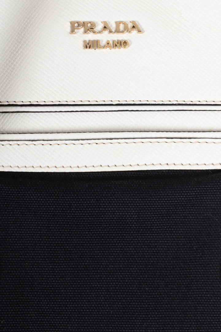 PRADA Sac Bicolore Cuir Toile Blanc Noir