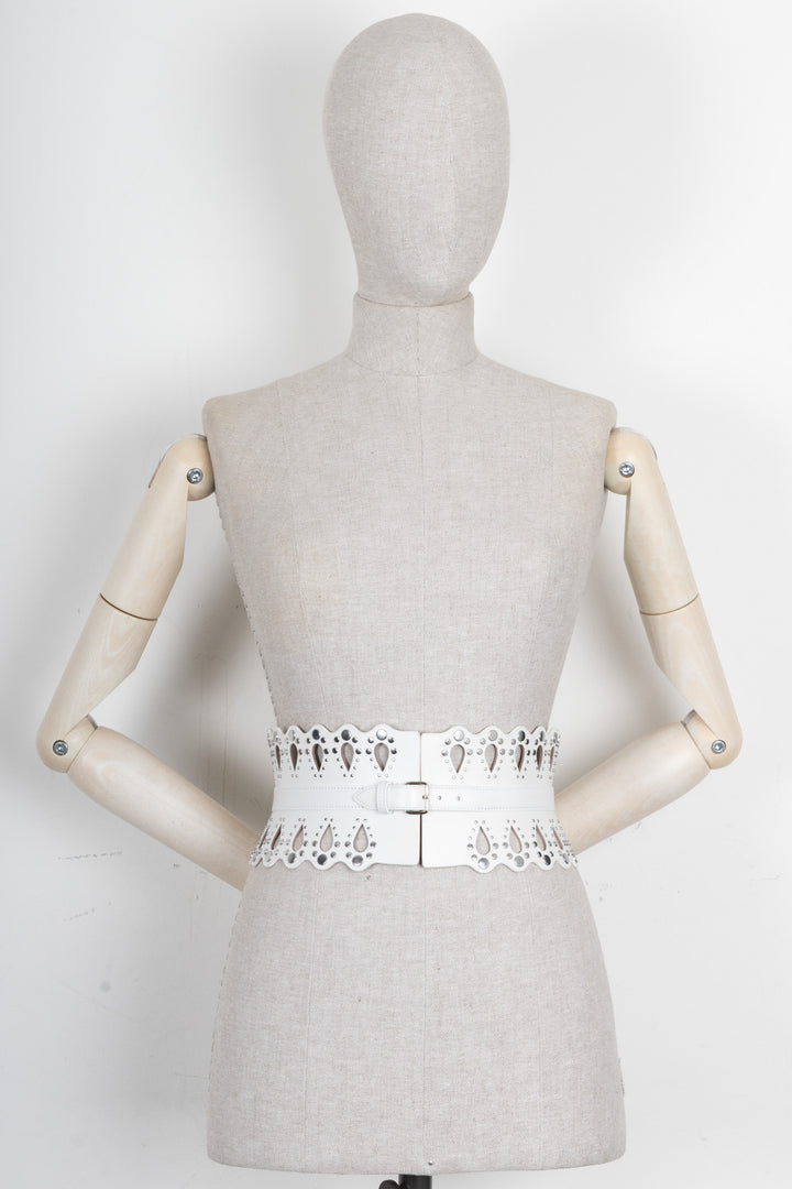ALAÏA Laser Cut Waist Belt Leather White